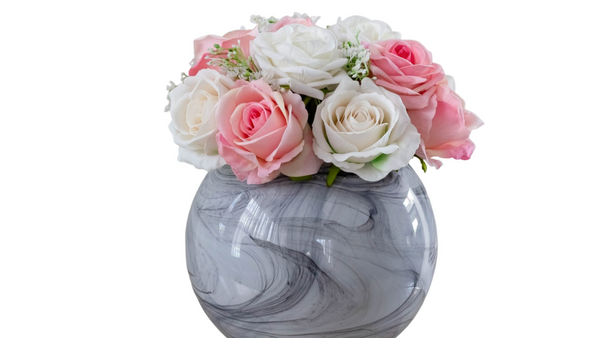 Marble Bubble Ball Vase with Artificial Roses Flowers