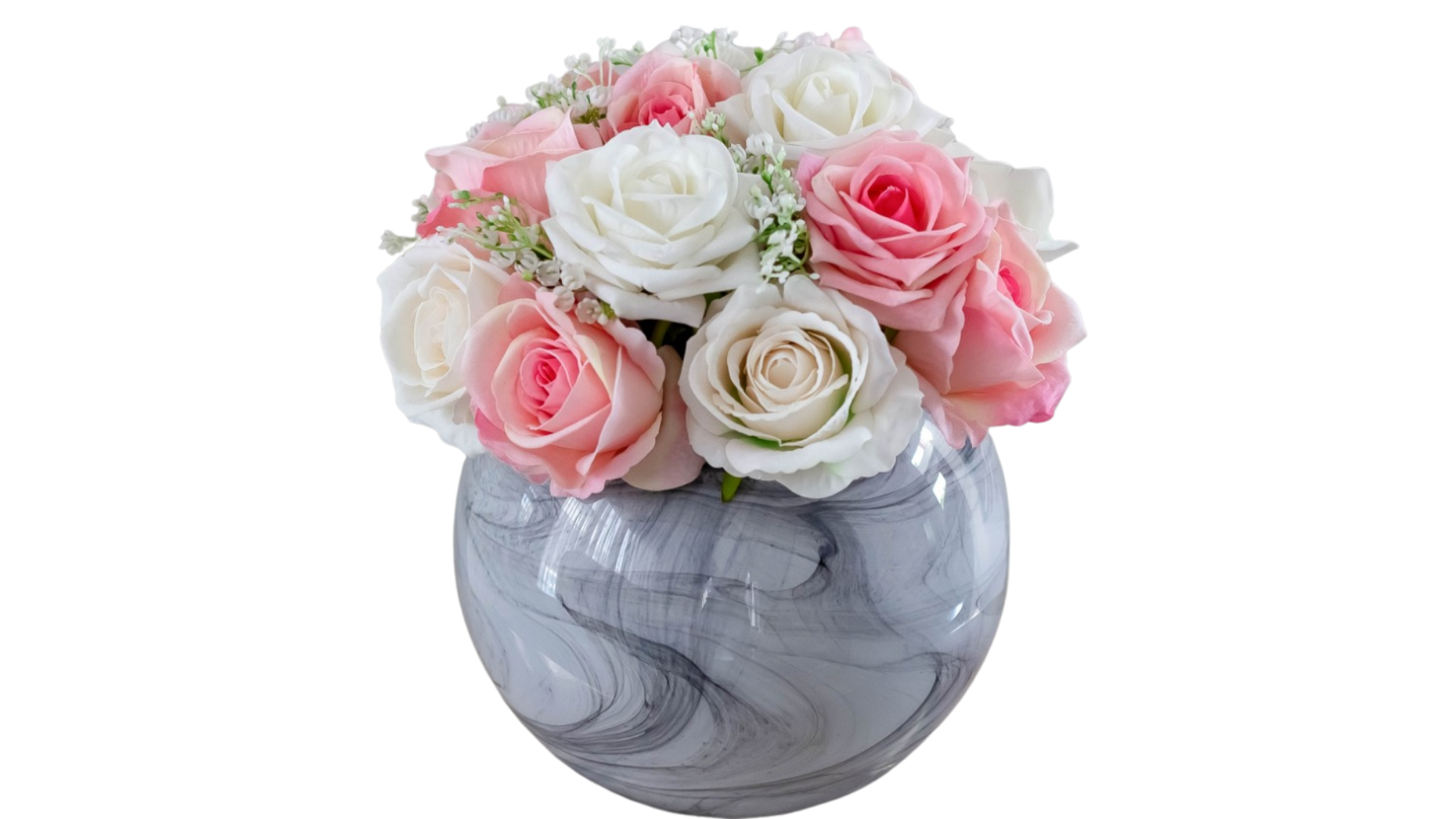 Marble Bubble Ball Vase with Artificial Roses Flowers