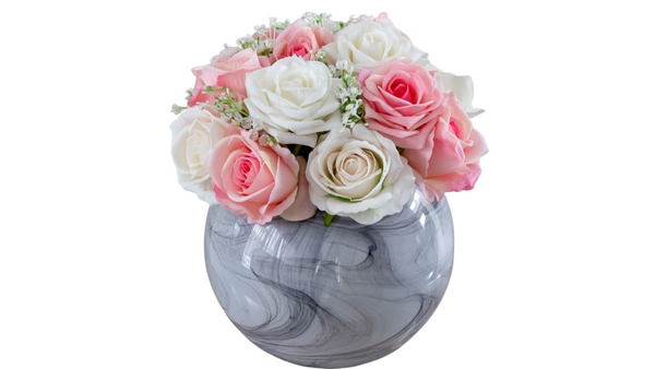 Marble Bubble Ball Vase with Artificial Roses Flowers